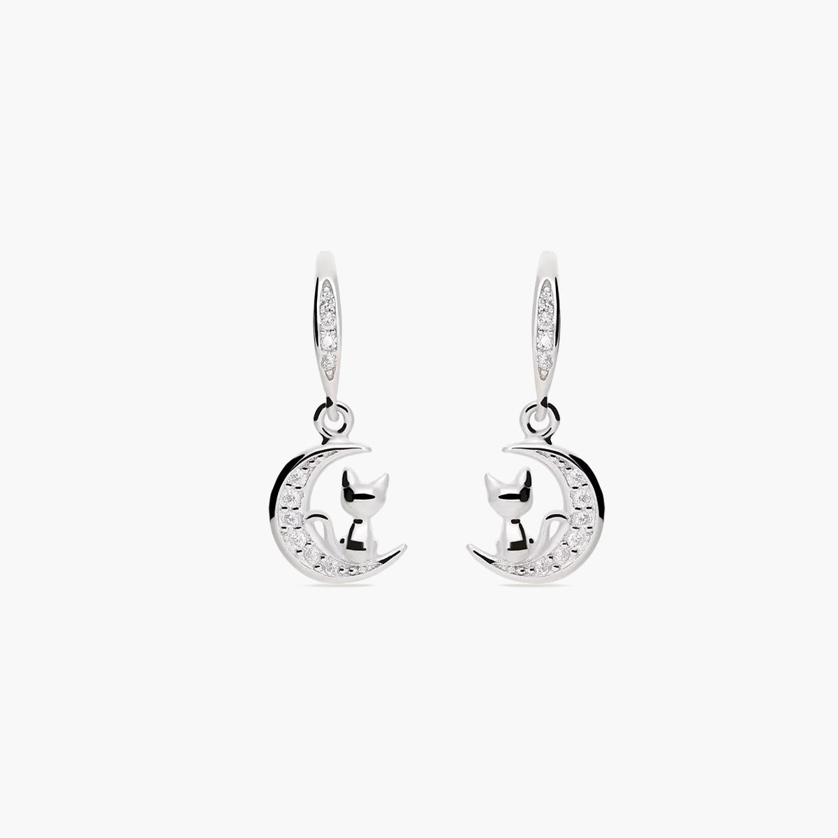 Pendientes largos luna y gato de plata 1ª ley circonitas 19 mm