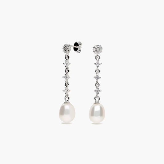 Pendientes largos de plata 1ª ley con perlas y circonitas 38 mm