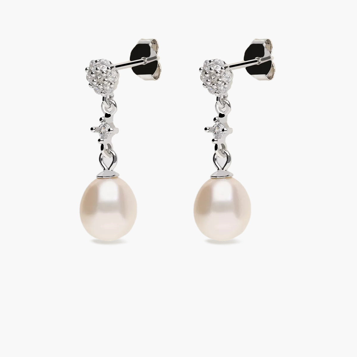 Pendientes largos de plata 1ª ley con perlas y circonitas 24 mm