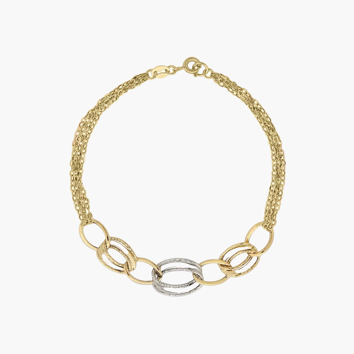 Pulsera de oro bicolor 18K eslabón anillas con cadena 19 cm