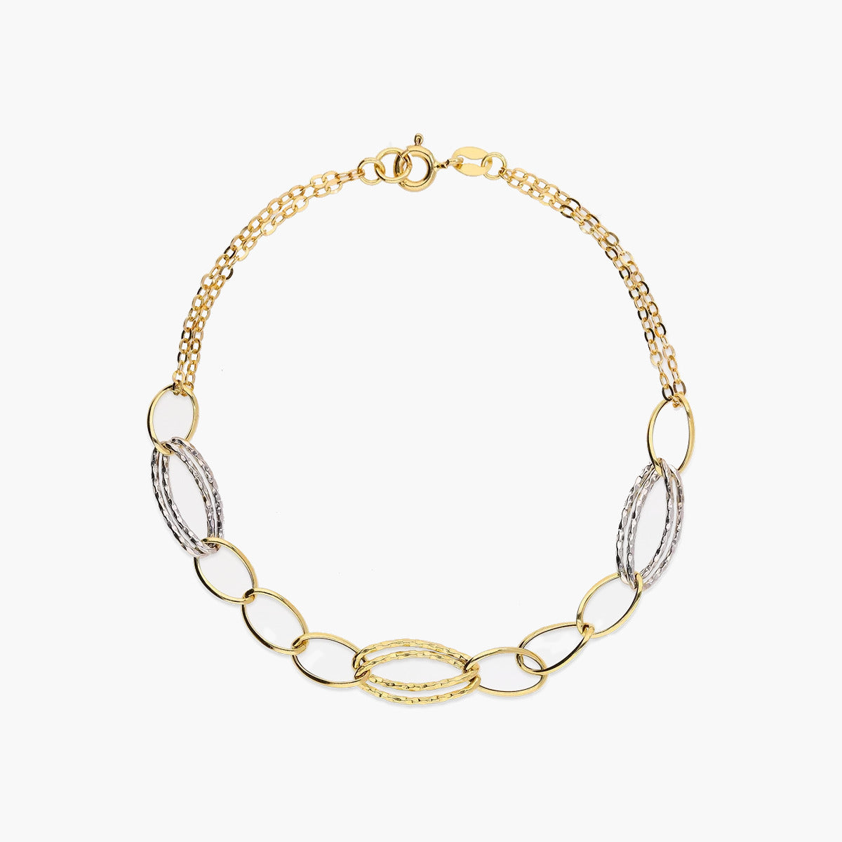 Pulsera de oro bicolor 18K eslabón anillas con doble cadena 19 cm