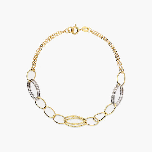 Pulsera de oro bicolor 18K eslabón anillas con doble cadena 19 cm