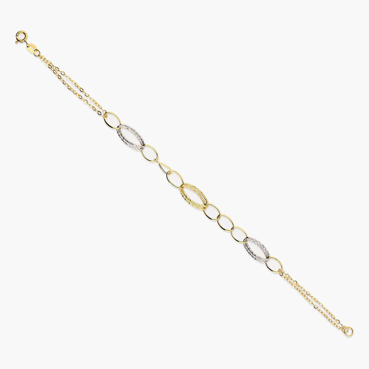 Pulsera de oro bicolor 18K eslabón anillas con doble cadena 19 cm
