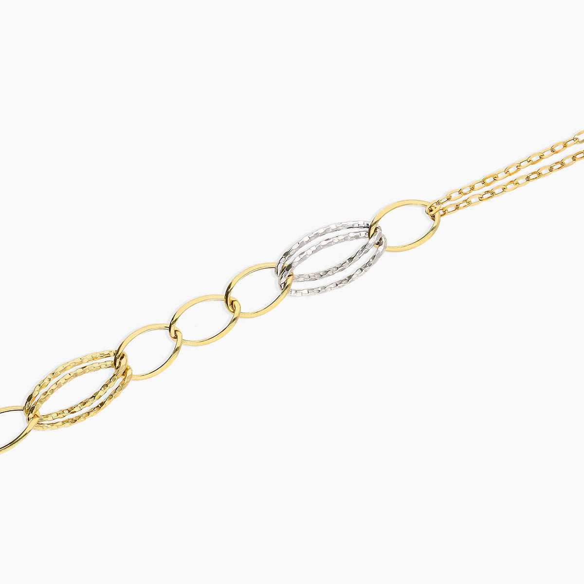 Pulsera de oro bicolor 18K eslabón anillas con doble cadena 19 cm