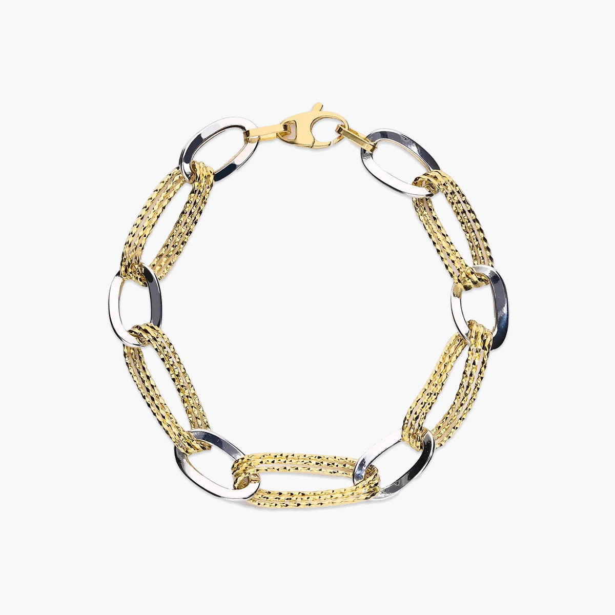 Pulsera de oro bicolor 18K eslabón anillas 19 cm