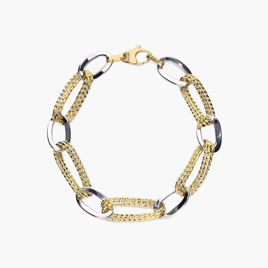 Pulsera de oro bicolor 18K eslabón anillas 19 cm
