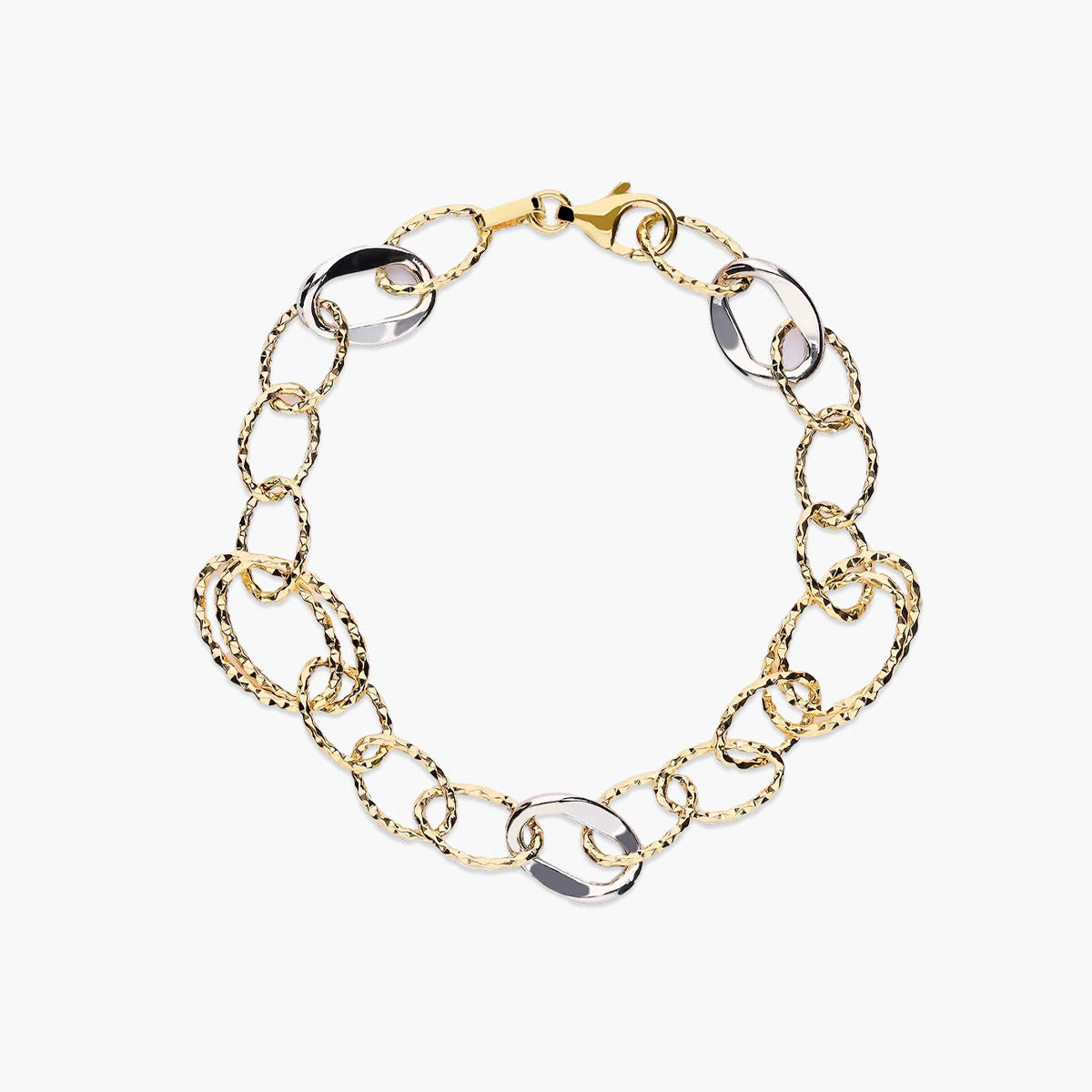 Pulsera de oro bicolor 18K eslabón anillas 19 cm
