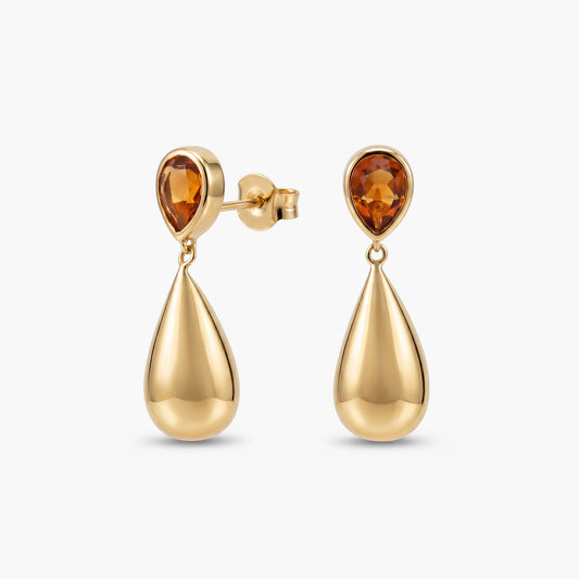 Pendientes largos de plata 1ª ley con baño de oro 18K citrino 26 mm BLOWN