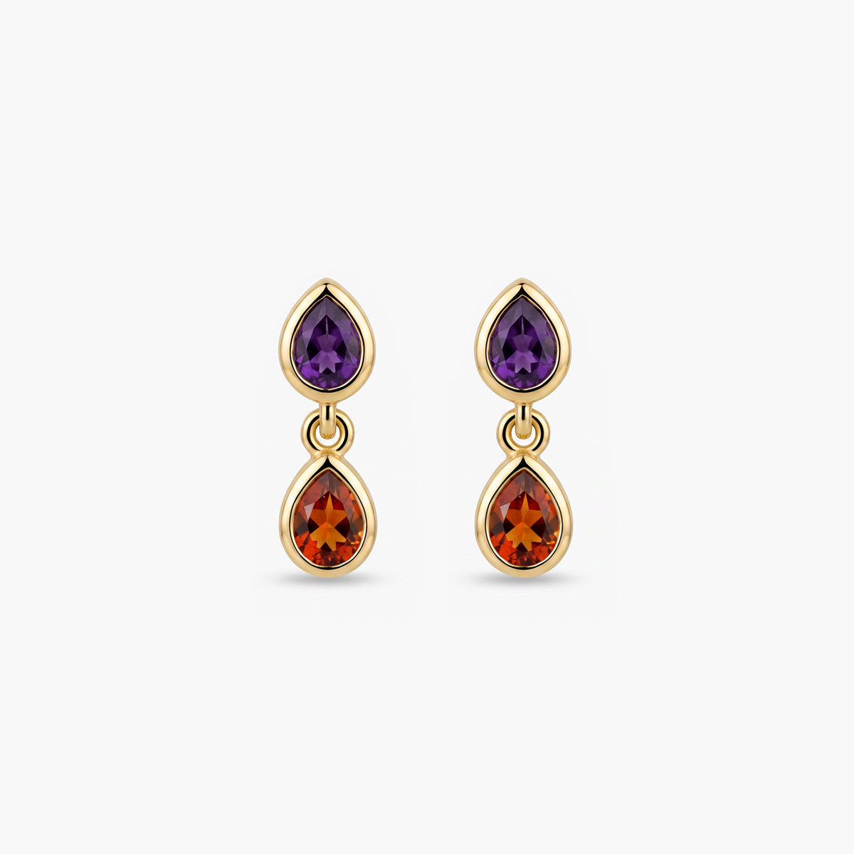 Pendientes largos de plata 1ª ley con baño de oro 18K amatista y citrino 13 mm WHISPERS