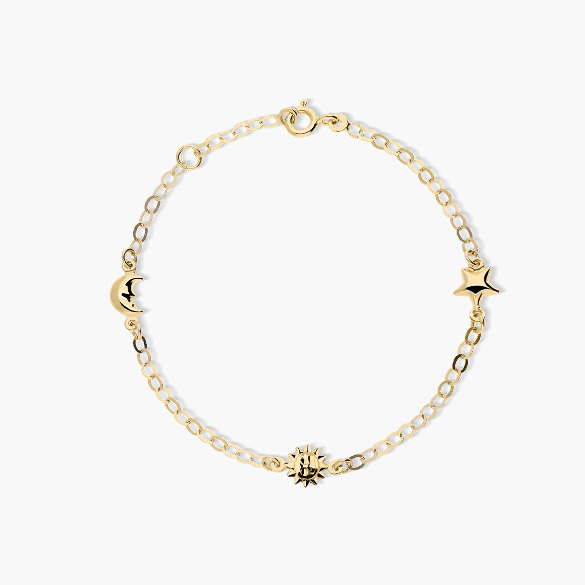 Pulsera infantil de oro 18K con motivos de estrella, sol y luna 15-17 cm