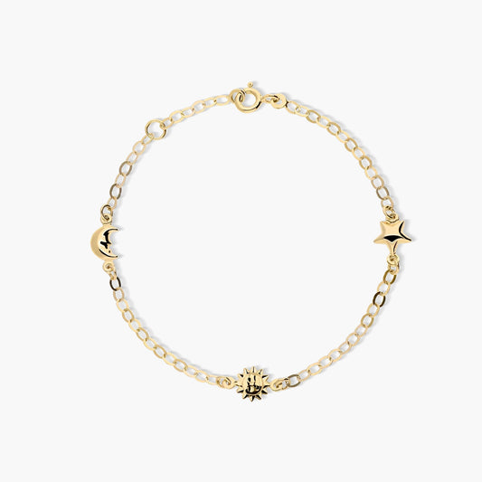 Pulsera infantil de oro 18K con motivos de estrella, sol y luna 15-17 cm