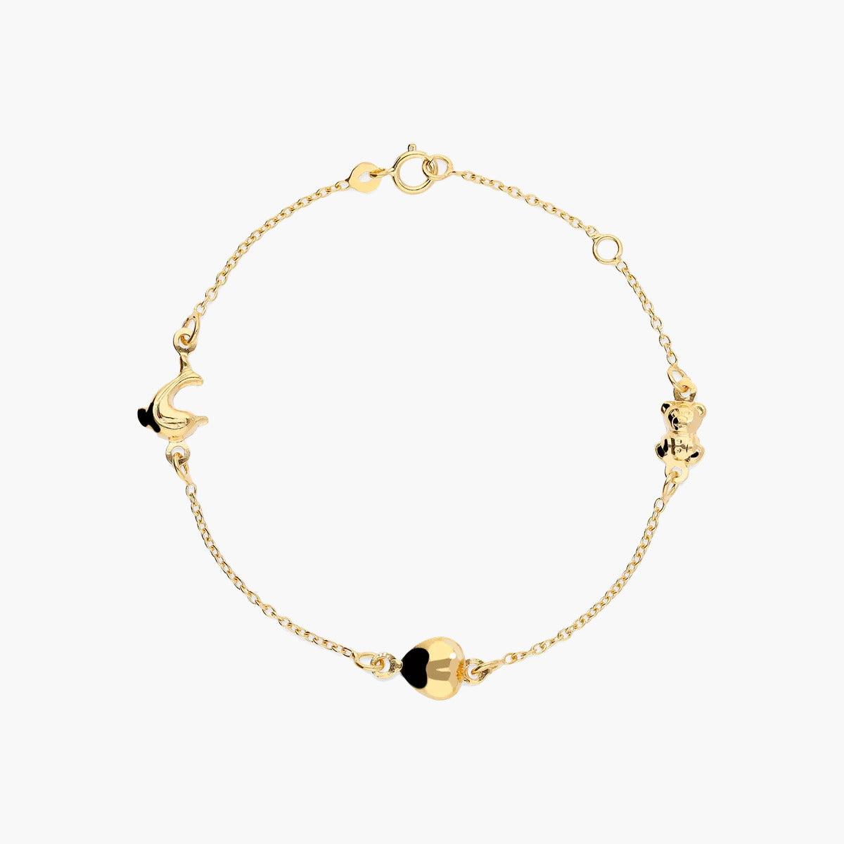 Pulsera infantil de oro 18K con motivos de oso, delfín y corazón 13-15 cm