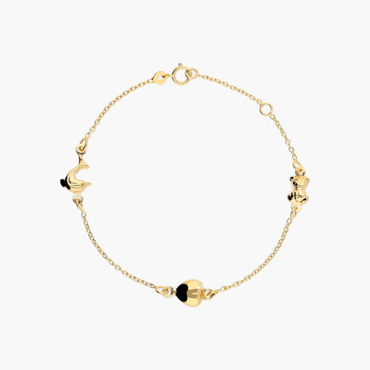 Pulsera infantil de oro 18K con motivos de oso, delfín y corazón 13-15 cm