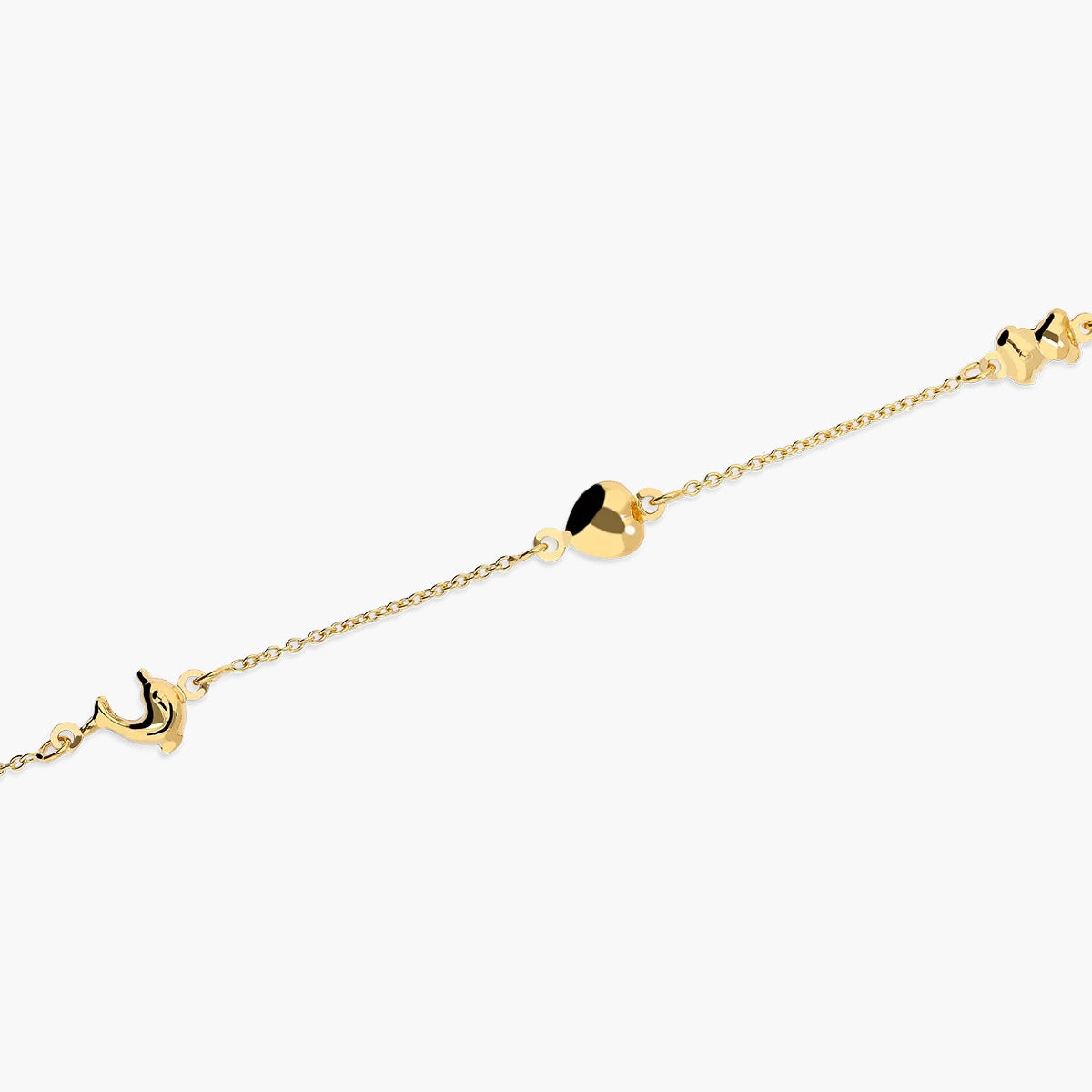 Pulsera infantil de oro 18K con motivos de oso, delfín y corazón 13-15 cm
