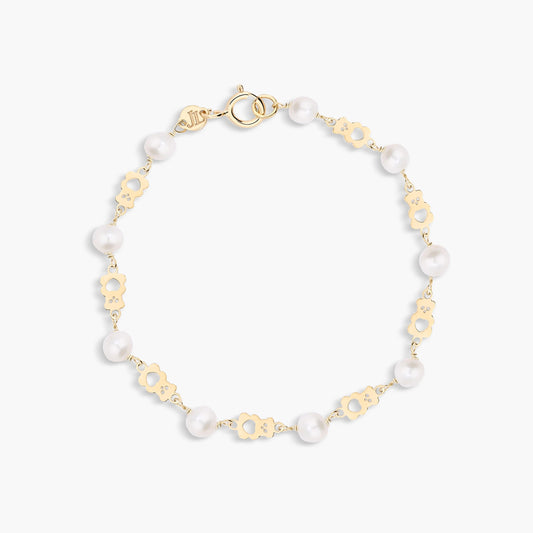 Pulsera de oro 18K con perlas y eslabón en forma de oso para bebé 13 cm