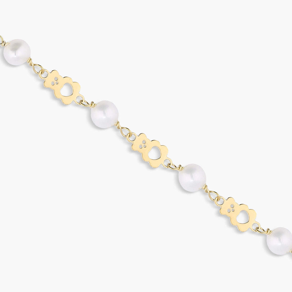 Pulsera de oro 18K con perlas y eslabón en forma de oso para bebé 13 cm