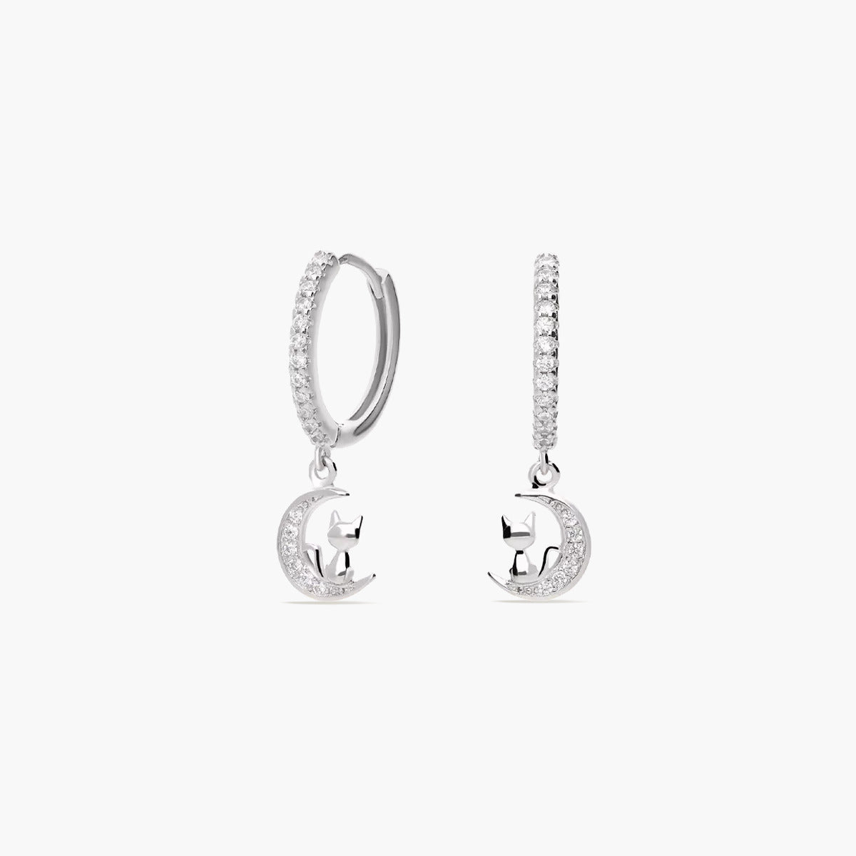 Pendientes de aro colgante luna y gato de plata 1ª ley circonitas 14 mm