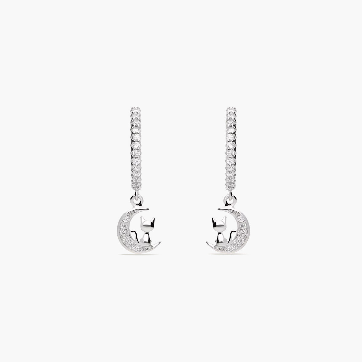Pendientes de aro colgante luna y gato de plata 1ª ley circonitas 14 mm