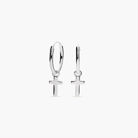 Pendientes de aro colgante cruz de plata 1ª ley 13 mm