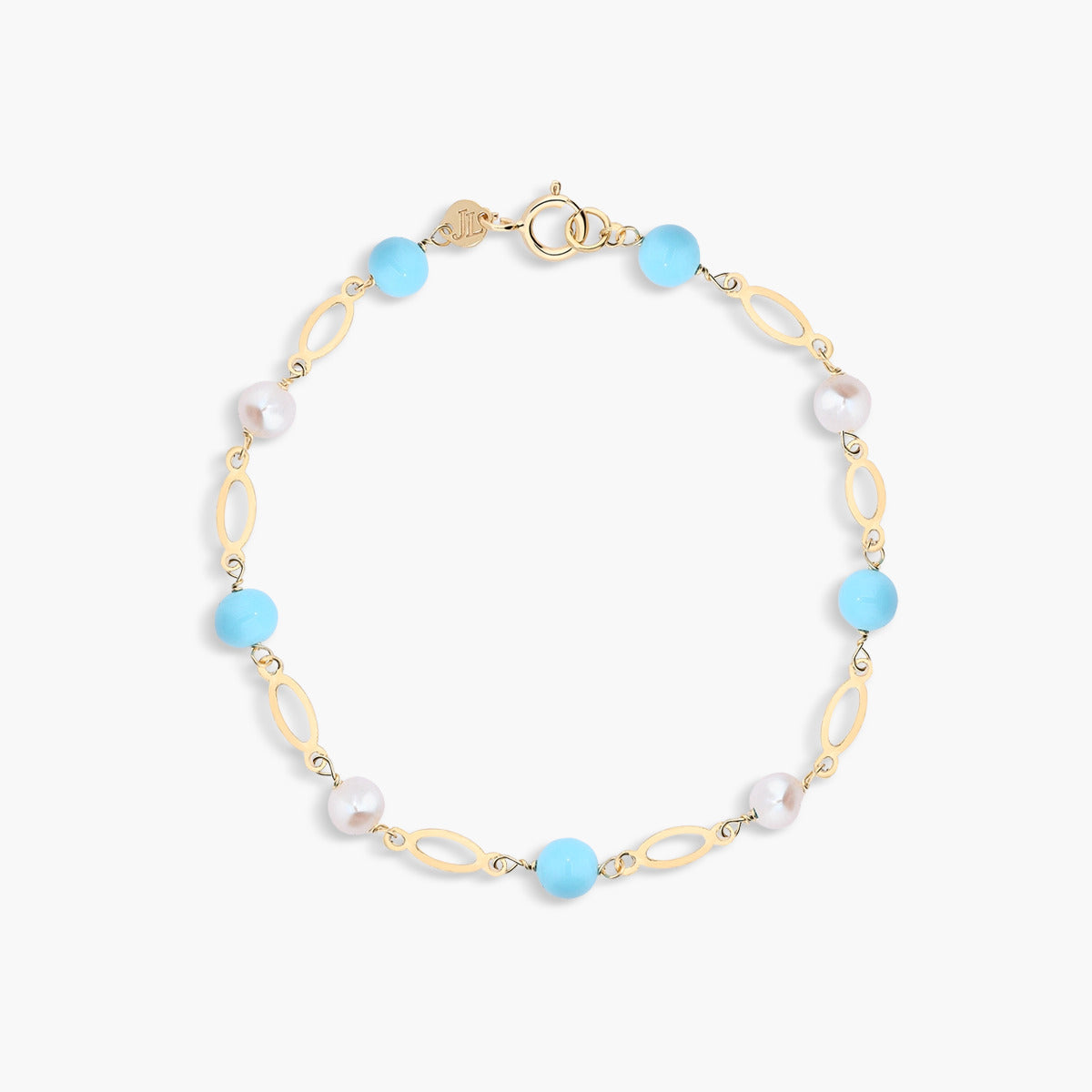 Pulsera infantil de oro 18K con perlas y tuquesas 15 cm