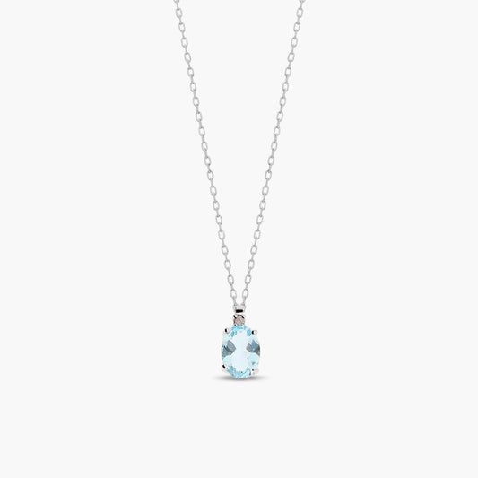 Collar de oro blanco 18K diamante natural 0.02 ct. aguamarina 7 mm GLACIER