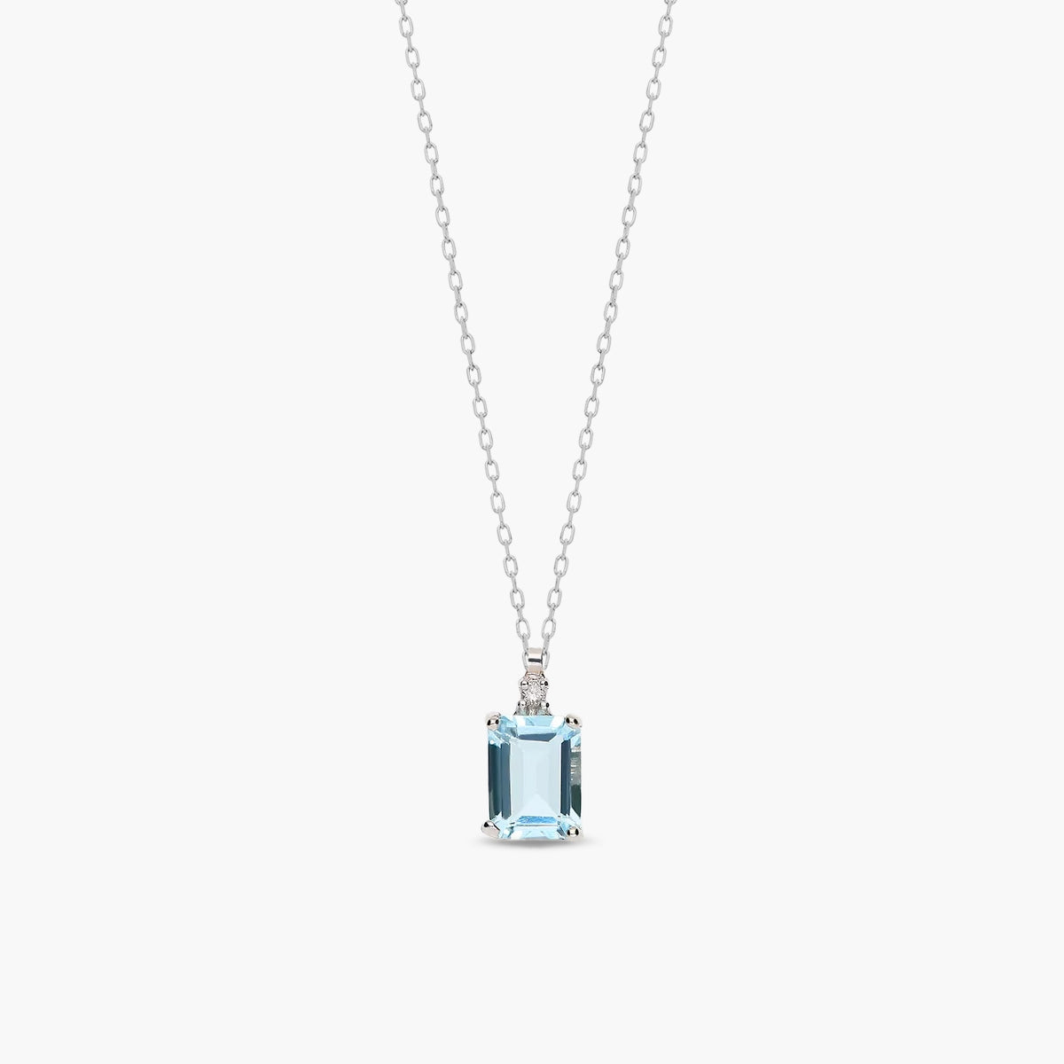 Collar cuadrado de oro blanco 18K diamante natural 0.02 ct. aguamarina 7 mm GLACIER