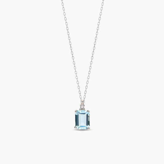 Collar cuadrado de oro blanco 18K diamante natural 0.02 ct. aguamarina 7 mm GLACIER
