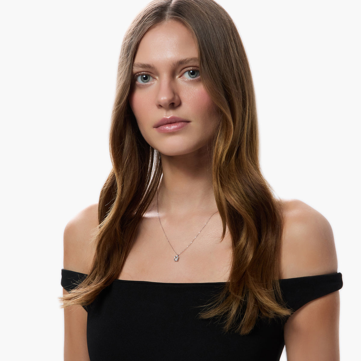 Collar cuadrado de oro blanco 18K diamante natural 0.02 ct. aguamarina 7 mm GLACIER