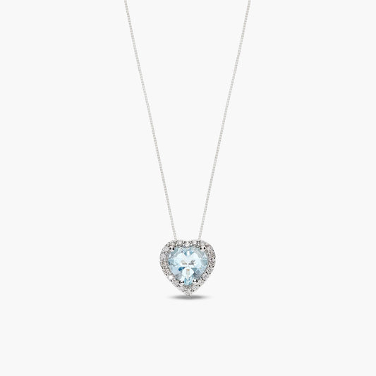 Collar corazón de oro blanco 18K diamante natural 0.12 ct. aguamarina 11 mm LOVE AQUAMARINE