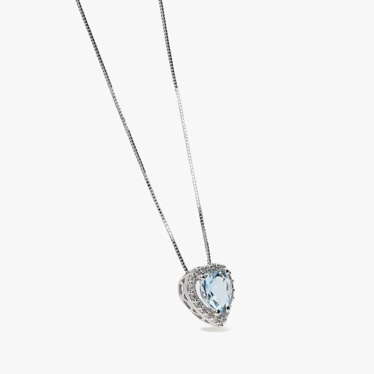 Collar corazón de oro blanco 18K diamante natural 0.12 ct. aguamarina 11 mm LOVE AQUAMARINE