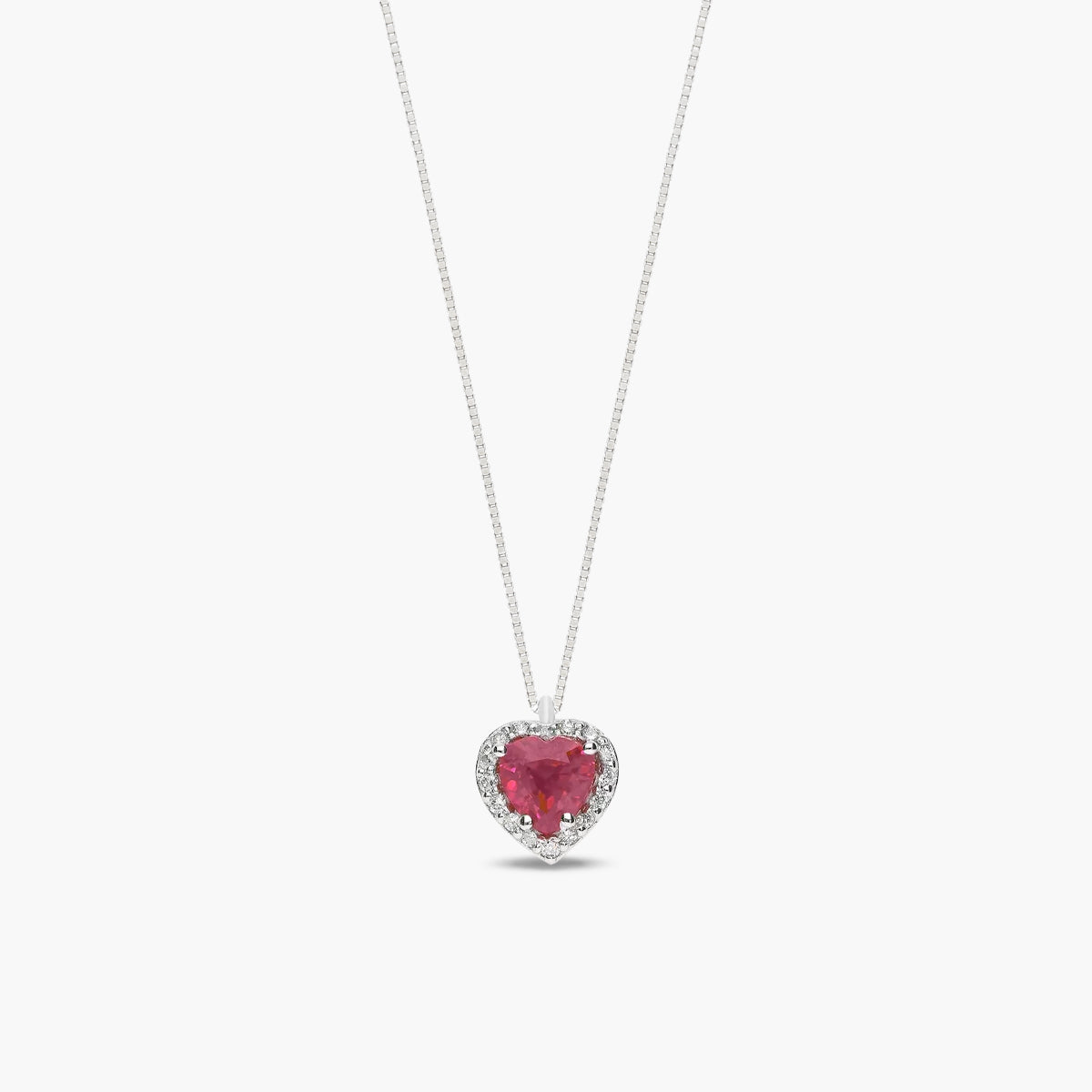 Collar corazón de oro blanco 18K diamante natural 0.08 ct. rubí 7 mm LOVE RUBY