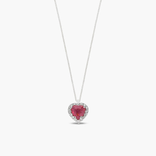 Collar corazón de oro blanco 18K diamante natural 0.08 ct. rubí 7 mm LOVE RUBY