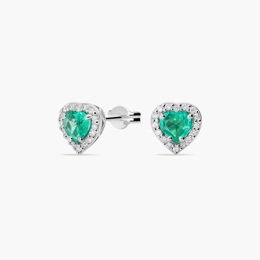 Pendientes de oro blanco 18K diamante natural 0.16 ct. esmeralda 8 mm LOVE EMERALD