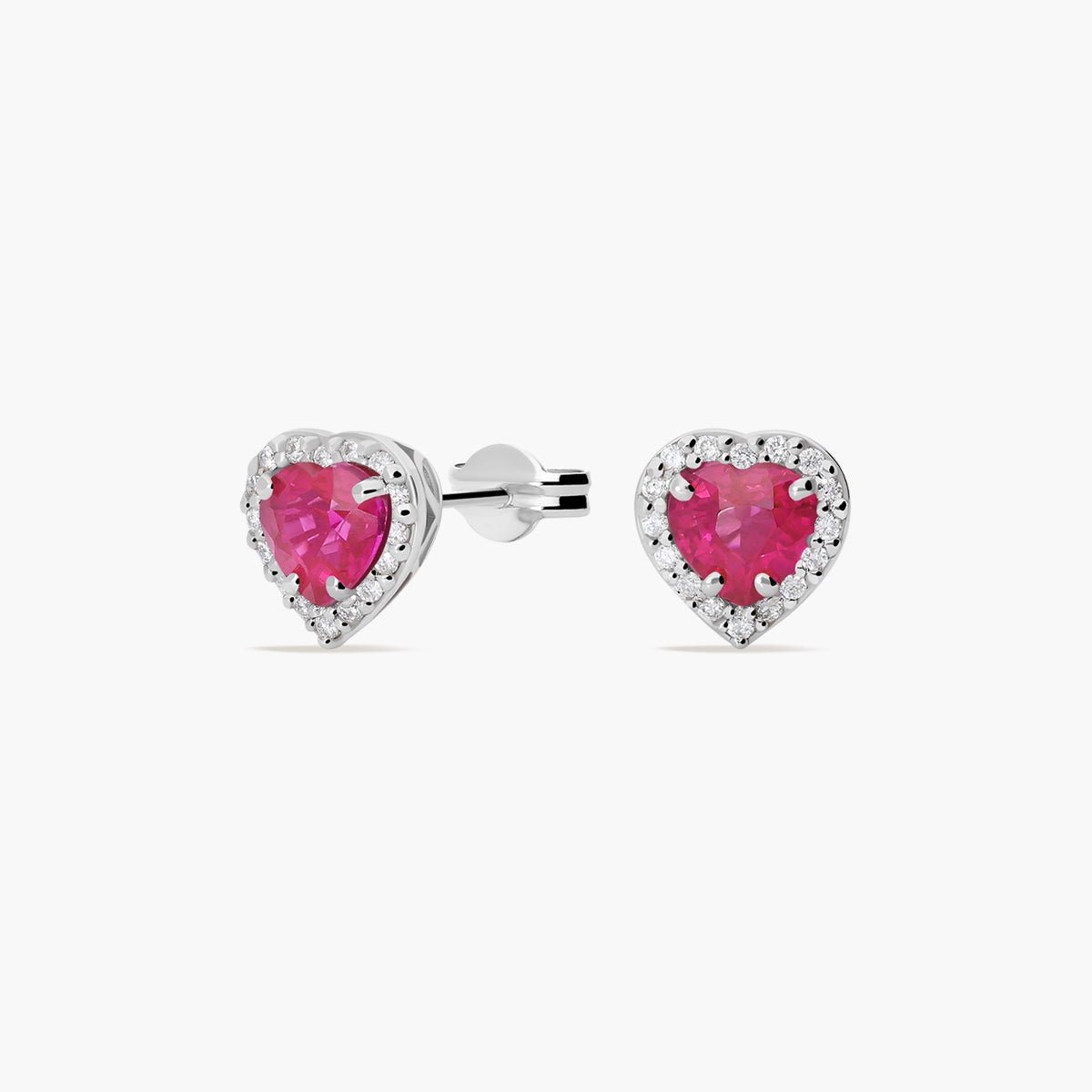 Pendientes de oro blanco 18K diamante natural 0.16 ct. rubí 8 mm LOVE RUBY