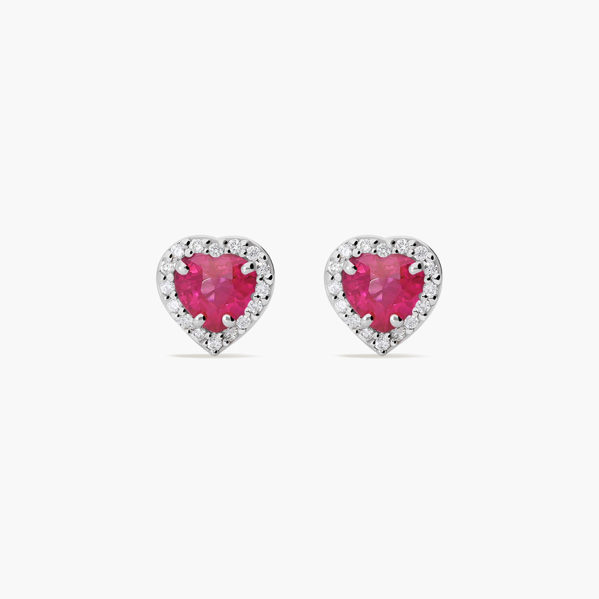 Pendientes de oro blanco 18K diamante natural 0.16 ct. rubí 8 mm LOVE RUBY