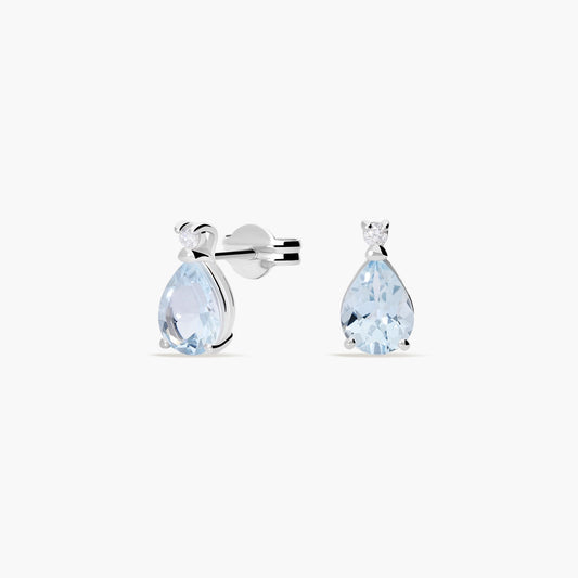 Pendientes de oro blanco 18K diamante natural 0.02 ct. aguamarina 7 mm GLACIER