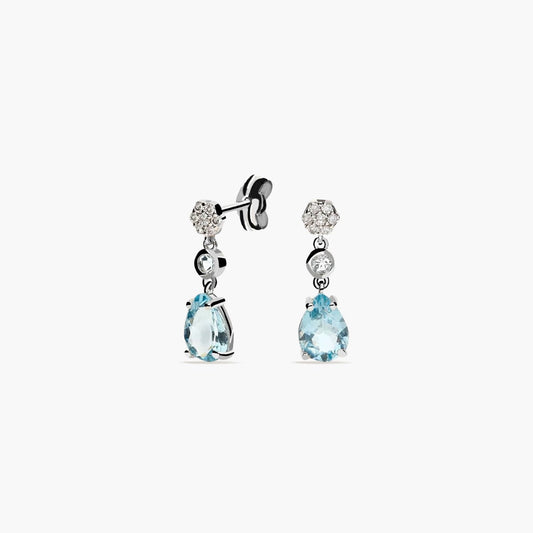 Pendientes largos de oro blanco 18K diamante natural 0.12 ct. aguamarina 16 mm GLACIER