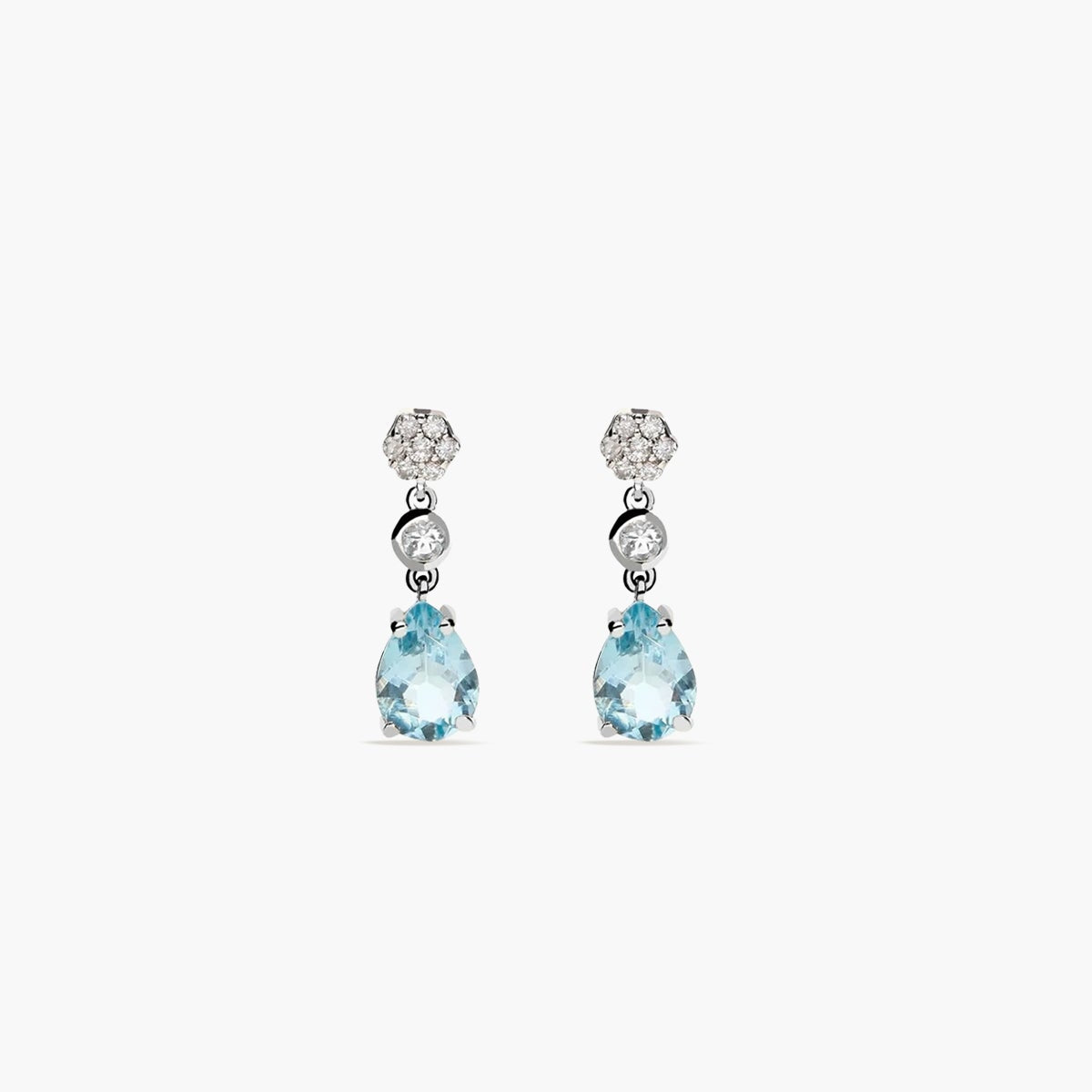 Pendientes largos de oro blanco 18K diamante natural 0.12 ct. aguamarina 16 mm GLACIER