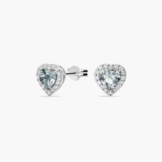 Pendientes de oro blanco 18K diamante natural 0.16 ct. esmeralda 8 mm LOVE AQUAMARINE