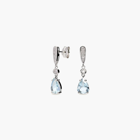 Pendientes largos de oro blanco 18K diamante natural 0.10 ct. aguamarina 19 mm GLACIER