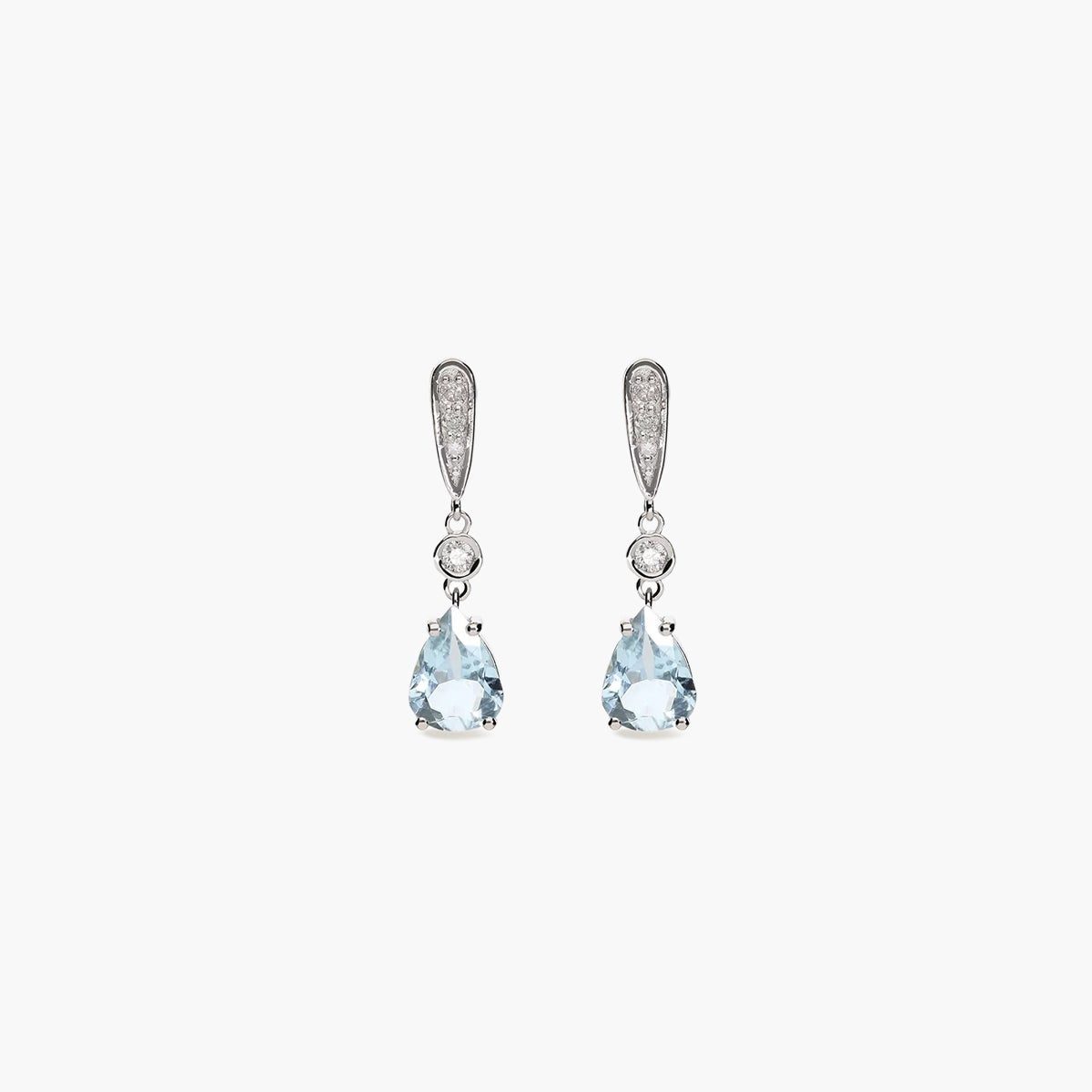 Pendientes largos de oro blanco 18K diamante natural 0.10 ct. aguamarina 19 mm GLACIER