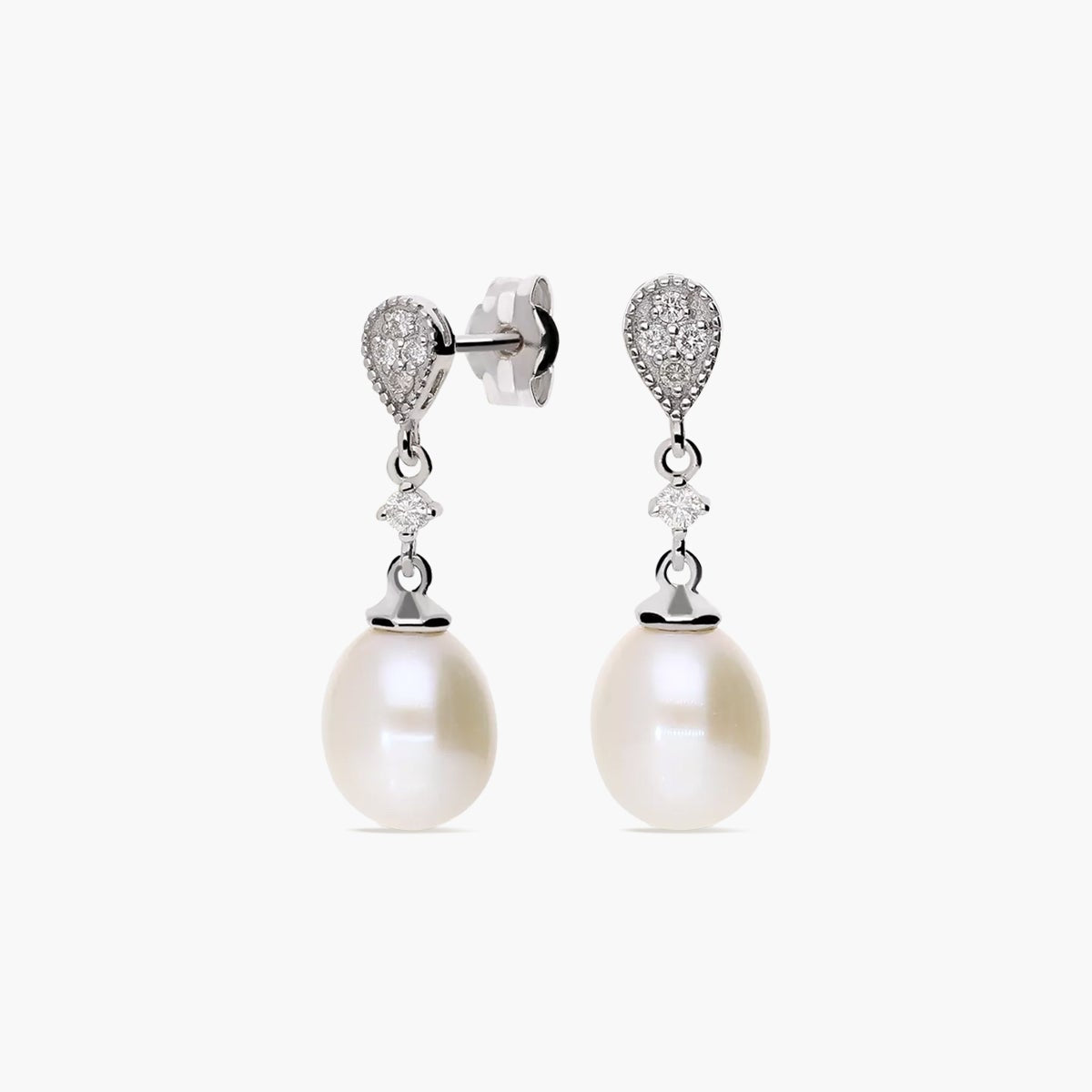Pendientes largos de oro blanco 18K diamante natural 0.11 ct. con perlas 21 mm TREASURE