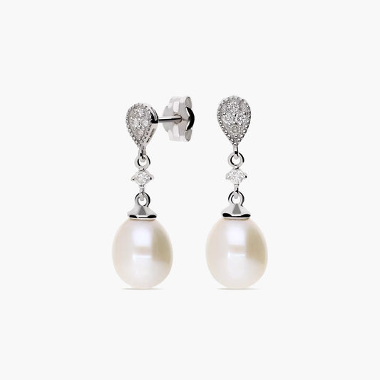Pendientes largos de oro blanco 18K diamante natural 0.11 ct. con perlas 21 mm TREASURE