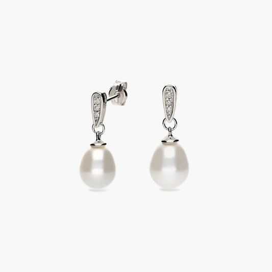 Pendientes largos de oro blanco 18K diamante natural 0.10 ct. con perlas 20 mm TREASURE