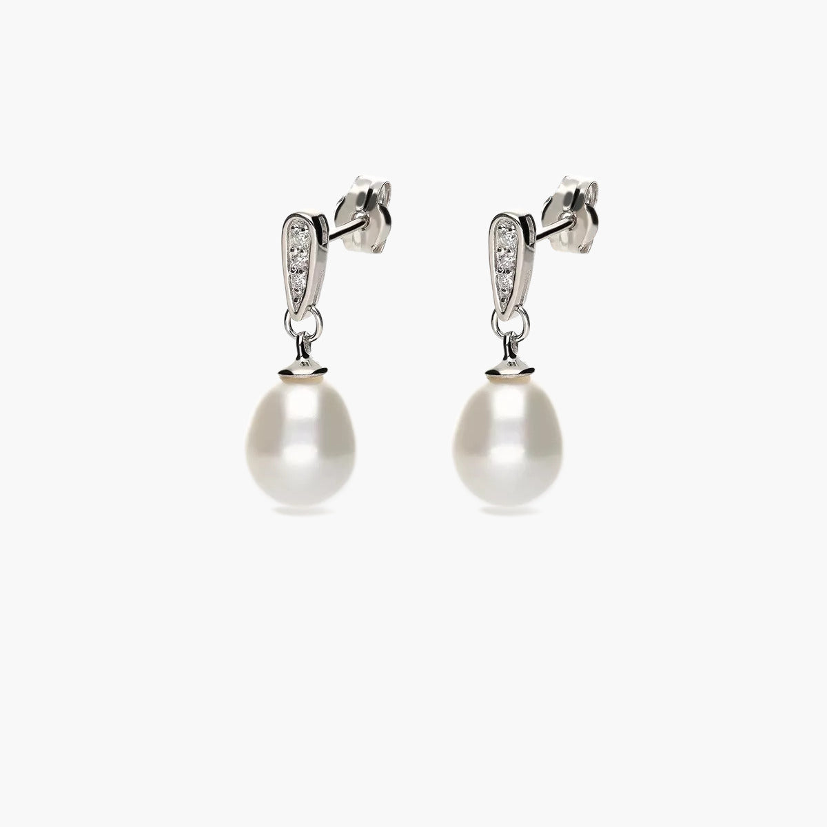Pendientes largos de oro blanco 18K diamante natural 0.10 ct. con perlas 20 mm TREASURE