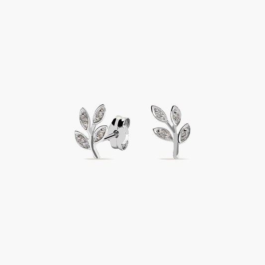 Pendientes hoja de oro blanco 18K diamante natural 0.07 ct. 9 mm