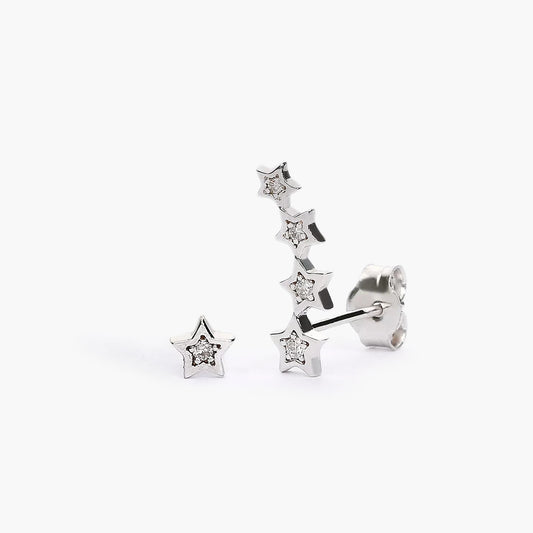 Pendientes estrellas de oro blanco 18K diamante natural 0.03 ct. 13 mm