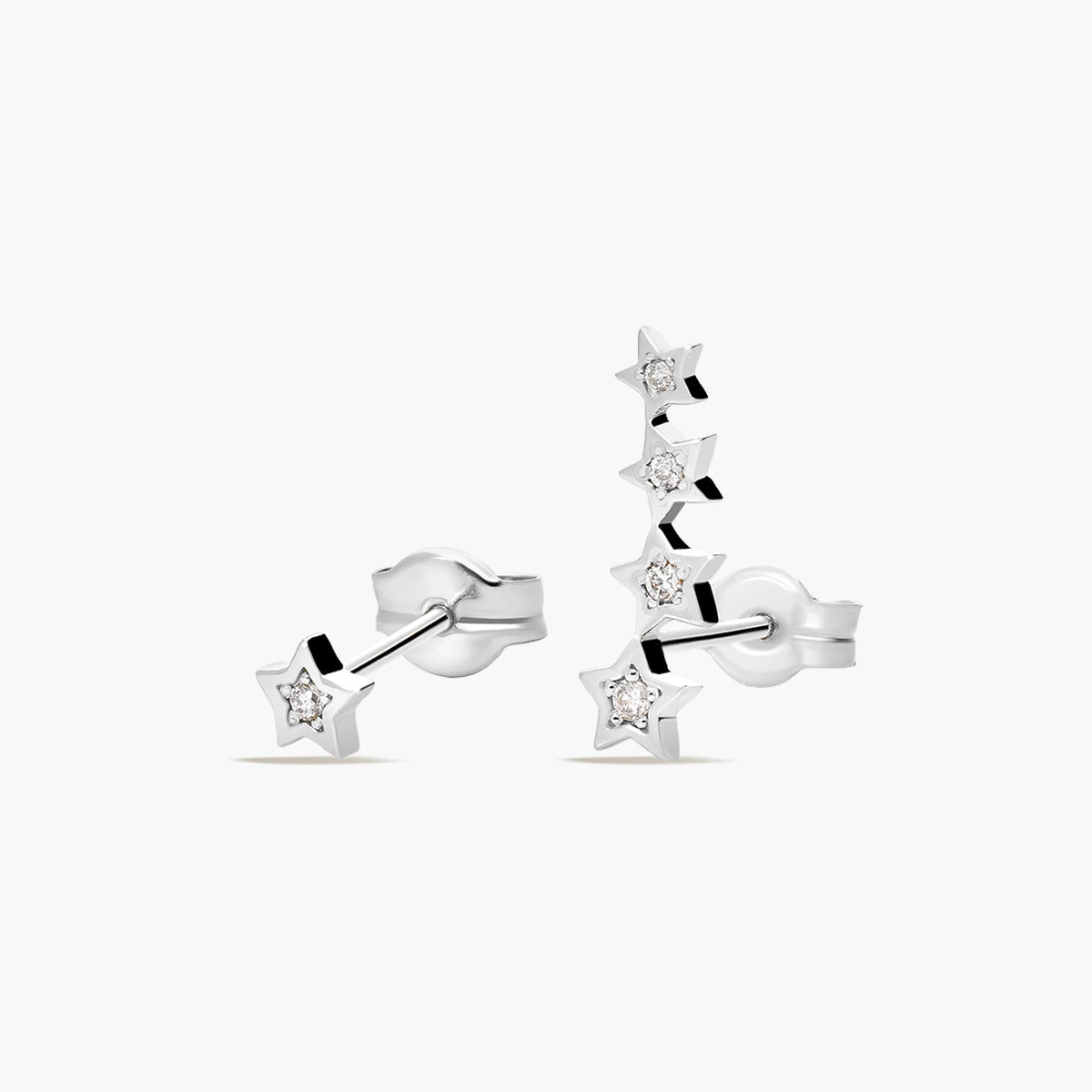 Pendientes estrellas de oro blanco 18K diamante natural 0.03 ct. 13 mm