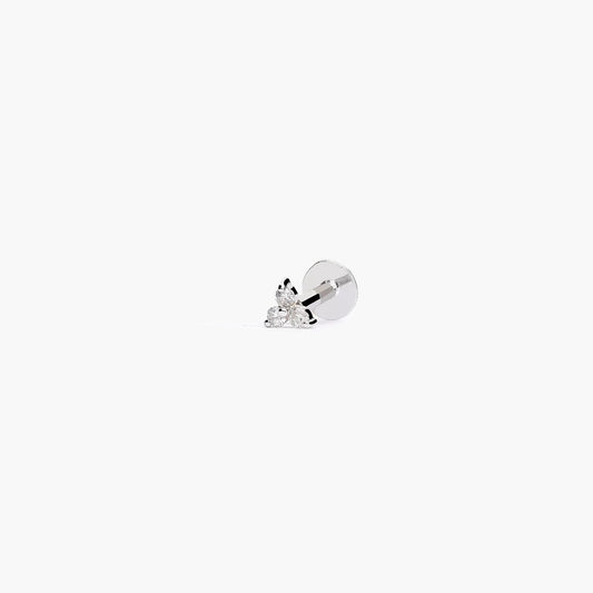 Piercing de oreja de oro blanco 18K diamante natural 0.06 ct. trébol 3 mm