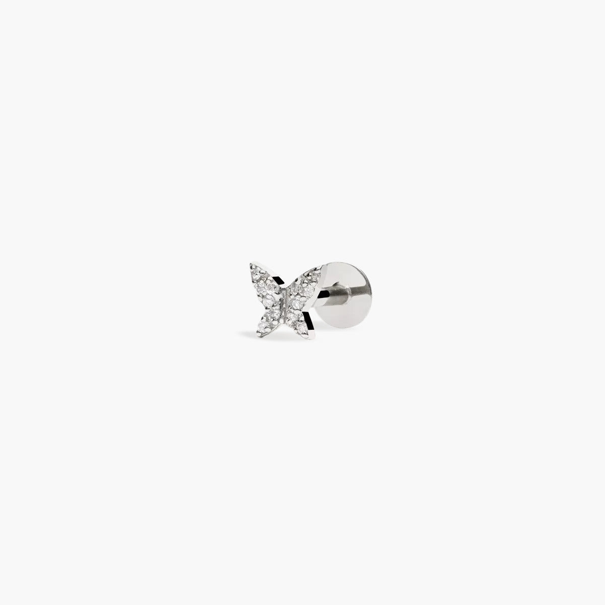 Piercing de oreja de oro blanco 18K diamante natural 0.05 ct. mariposa 4 mm